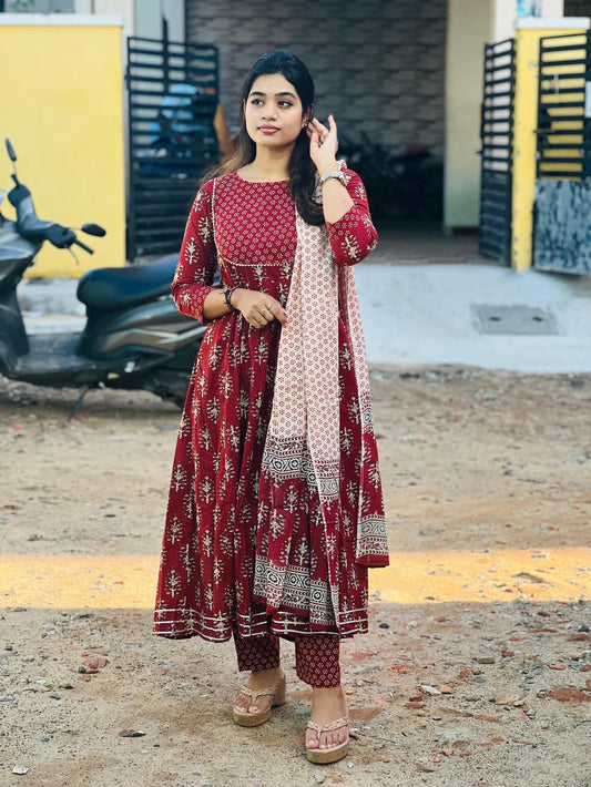 Anarkali Set with Cotton Pant & Malmal Dupatta