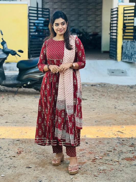 Anarkali Set with Cotton Pant & Malmal Dupatta