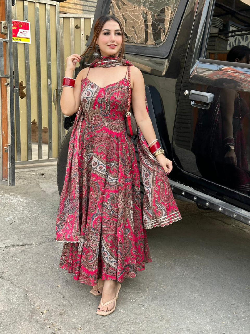 Cotton Fabric Printed Pink Full Gown with Dupatta