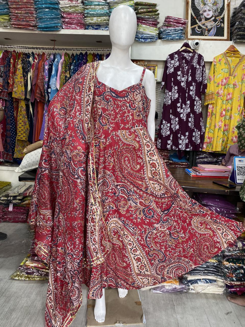 Cotton Fabric Printed Pink Full Gown with Dupatta